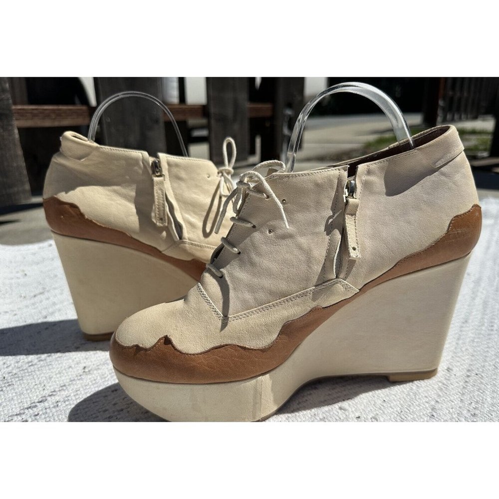 Reike Nen Wedge 9 / 40 Beige Leather Colorblock Lace-Up Ankle Boots Adult Womens